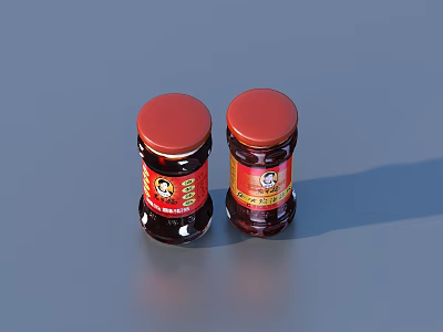 Two Glass Condiment Bottles With Red Lids And Labels On Gray Background 3d model