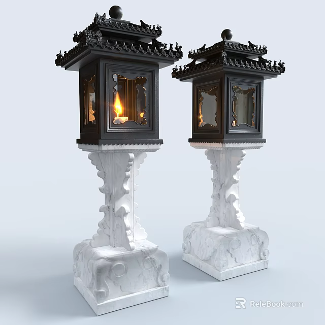 Traditional Black Lanterns With White Carved Bases And Burning Flame Inside 3d model 