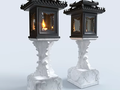 Traditional Black Lanterns With White Carved Bases And Burning Flame Inside 3d model