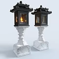 Traditional Black Lanterns With White Carved Bases And Burning Flame Inside