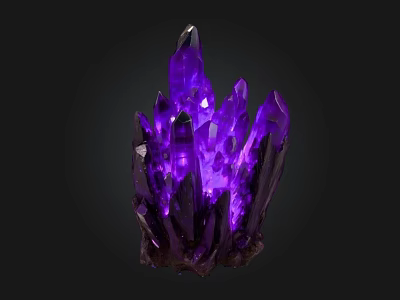 Purple Stone Crystal Cluster Decor With Natural Wood Base On Dark Background 3d model