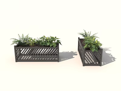Decorative Garden Planters with Diagonal Lattice Black Metal Frame Filled with Green Ferns and Plants 3d model