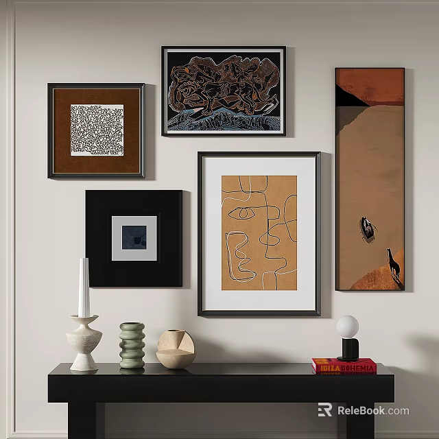 Abstract Paintings On Interior Wall With Decorative Vases Books And Sculptures 3d model 