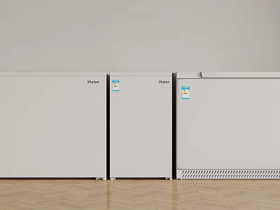 Three White Haier Fridge Freezers Side by Side with Light Colored Walls and Wooden Floor 3d model