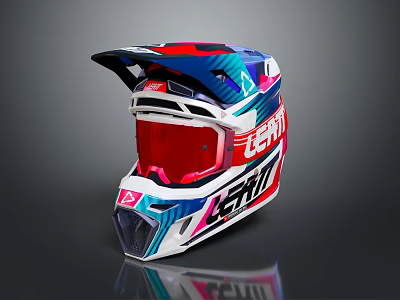 Modern LEATT Motorcycle Helmet Featuring Colorful Design And Red Visor 3d model