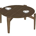 Round Wooden Coffee Table with Two Coffee Cups on Ceramic Plates 3d model
