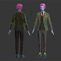 Two Character Models in Green Suits Featuring Red Tie Gun and Front Back Views 3d model