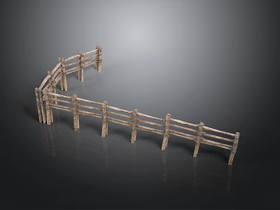Rustic Outdoor Curved Wooden Fence Structure With Wooden Posts And Rails 3d model