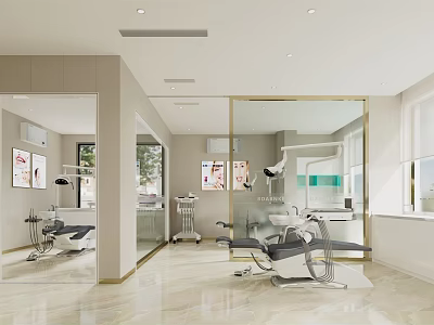 Modern Bright Dental Clinic Interior With Dental Chairs Medical Equipment And Windows On White Walls 3d model