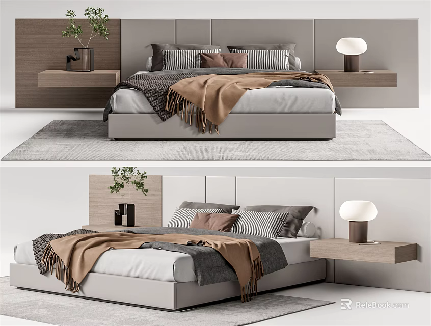 Modern Double Bed Interior With Wooden Nightstands Table Lamp And Cozy Blankets 3d model 