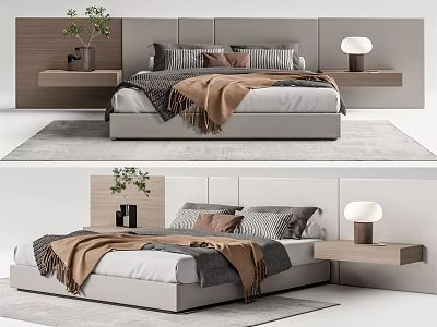 Modern Double Bed Interior With Wooden Nightstands Table Lamp And Cozy Blankets 3d model