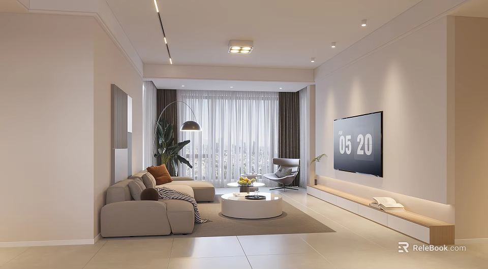 Modern Living and Dining Area With Beige Sofa Round Coffee Table And Large Window 3d model 