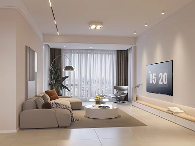Modern Living and Dining Area With Beige Sofa Round Coffee Table And Large Window 3d model