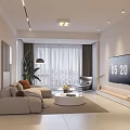 Modern Living and Dining Area With Beige Sofa Round Coffee Table And Large Window