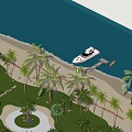 Tropical Coastal Scenic View With Sandy Beach Palm Trees Yacht And Blue Water