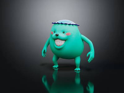 Playful Green 3D Creature Character With Smiling Face And Blue Frilled Hat 3d model