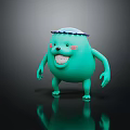 Playful Green 3D Creature Character With Smiling Face And Blue Frilled Hat