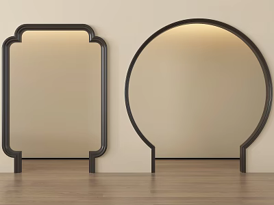 Decorative Black Framed Mirrors In Square And Round Shapes With Light Wall Wooden Floor 3d model