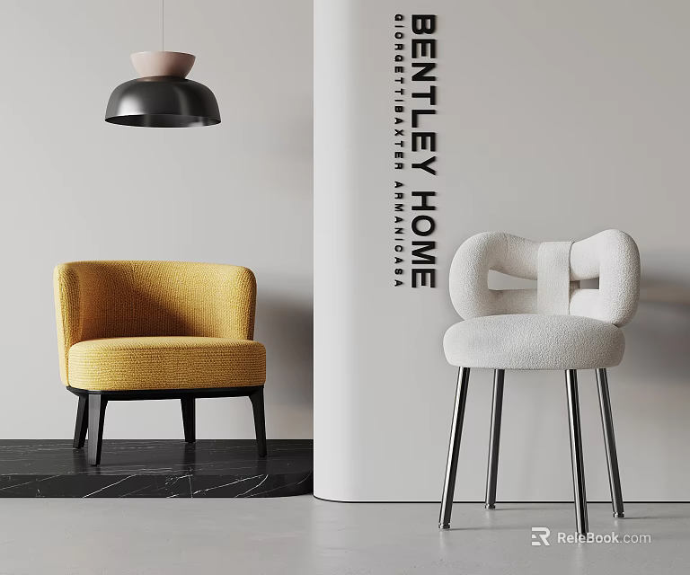 Two Modern Accent Chairs Yellow Velvet And White Fleece With Black Wooden And Metal Legs 3d model 