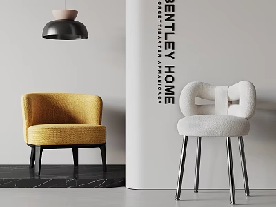 Two Modern Accent Chairs Yellow Velvet And White Fleece With Black Wooden And Metal Legs 3d model