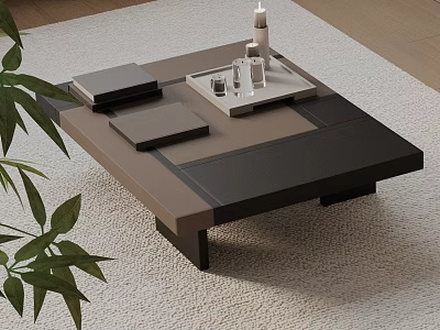 Modern Sofa and Coffee Table Set with Brown Black Design Decorative Items and Green Plant 3d model