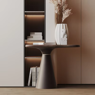 Elegant Modern Side Table With White Vase And Bookshelf In Living Room Interior 3d model