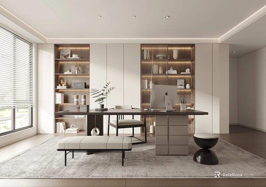 Modern Home Office Interior With Bookshelves Decorative Items Wooden Desk Computer Setup Area Rug And Storage Cabinets 3d model 