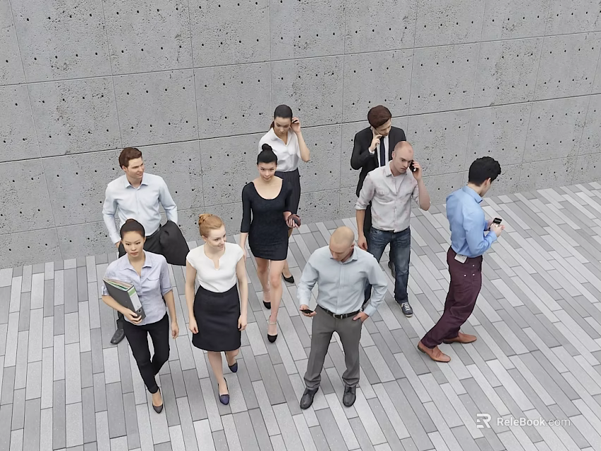 Group of people walking and talking in outdoor area with gray wall and tiled floor 3d model 