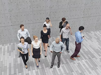 Group of people walking and talking in outdoor area with gray wall and tiled floor 3d model
