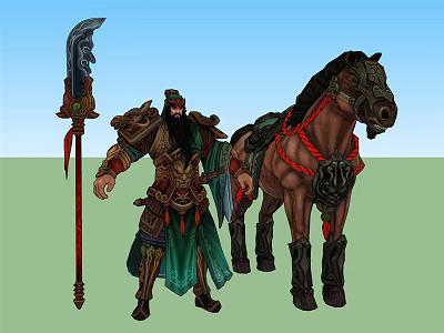 Game Movie Character In Ornate Armor With Brown War Horse And Decorative Spear 3d model