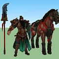 Game Movie Character In Ornate Armor With Brown War Horse And Decorative Spear