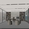 Modern Office Interior Design With Desk Bookshelves Windows And Lighting 3d model