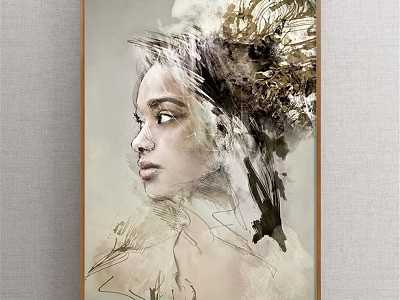 Artistic Female Portrait Painting With Abstract Brush Strokes And Decorative Hair Design 3d model