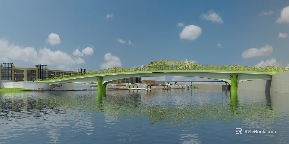 Modern Green Arch Bridge Design With Steel Frame Structure Over River 3d model 