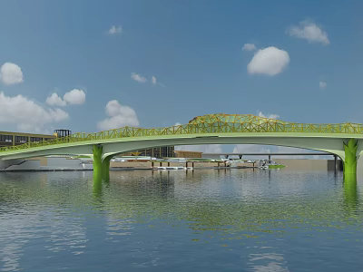 Modern Green Arch Bridge Design With Steel Frame Structure Over River 3d model