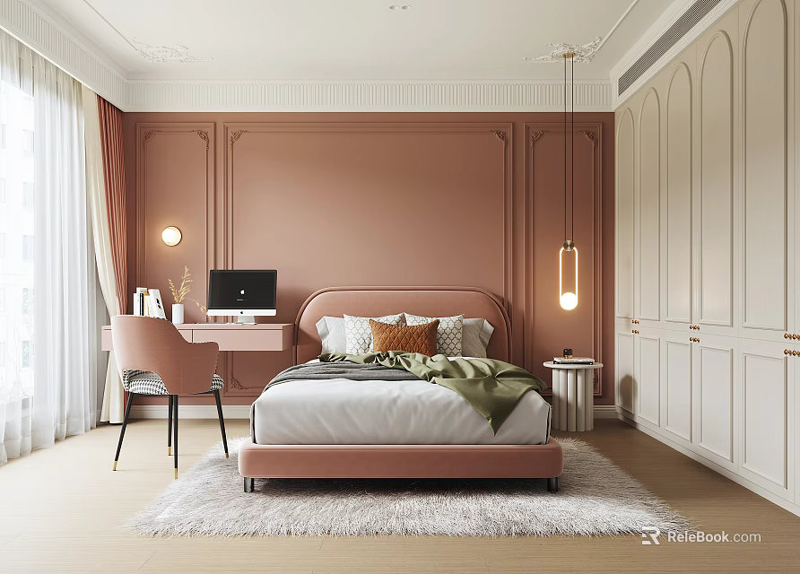 Kids Bedroom With Pink Walls Bed Desk And Pendant Lights 3d model 