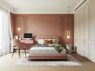Kids Bedroom With Pink Walls Bed Desk And Pendant Lights 3d model