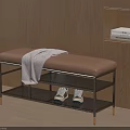 Modern Entryway Bench With Gray Blanket And Shoes Under Wooden Cabinet