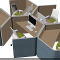 Office Desks in Hexagonal Cubicles Workspace with Computers Green Chairs and Partition Design 3d model