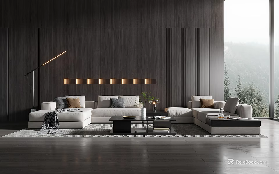 Modern Minimalist Living Room With White L Shaped Sofa And Black Coffee Table Set 3d model 