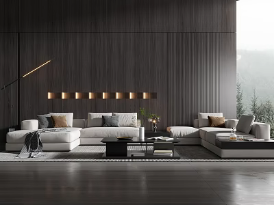 Modern Minimalist Living Room With White L Shaped Sofa And Black Coffee Table Set 3d model