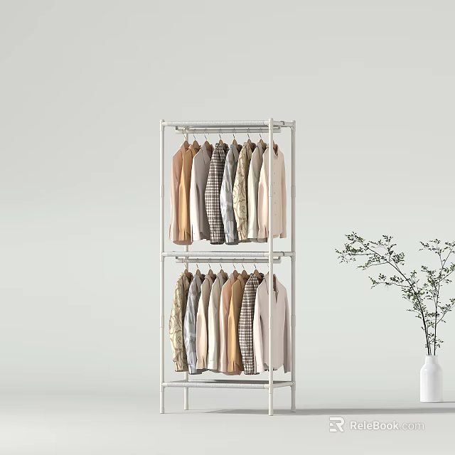 Double Layered Metal Clothes Rack With Hanging Shirts Dresses And Vase Plant 3d model 