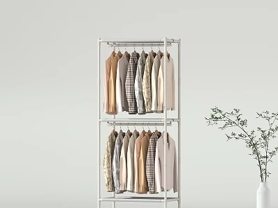 Double Layered Metal Clothes Rack With Hanging Shirts Dresses And Vase Plant 3d model
