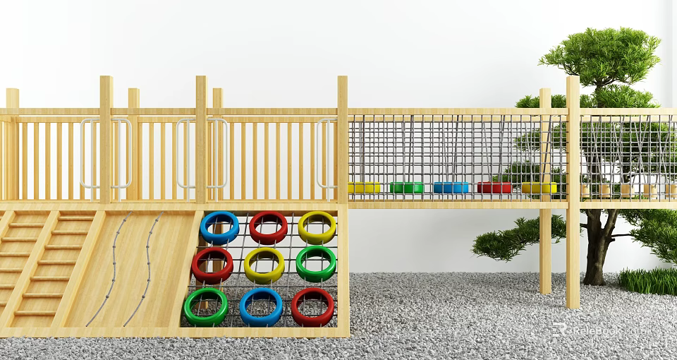 Wooden Playground Equipment with Climbing Net Colorful Rings and Slide Surrounded by Green Plants 3d model 