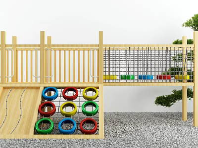 Wooden Playground Equipment with Climbing Net Colorful Rings and Slide Surrounded by Green Plants 3d model
