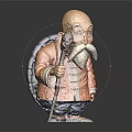 Cartoon Old Man Character With Bald Head Long Beard Orange Coat And Wooden Staff