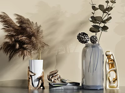 Elegant Decorative Ornament Set With Glass Vase Pampas Grass And Golden Accents 3d model