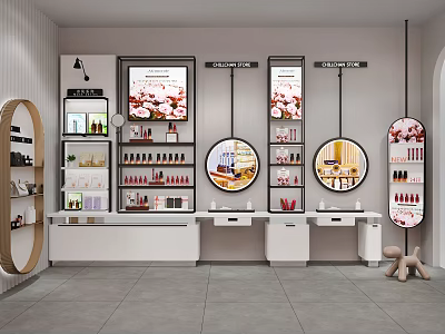 Modern Cosmetics Store Display Shelves with Circular Displays and Lighting Fixtures 3d model