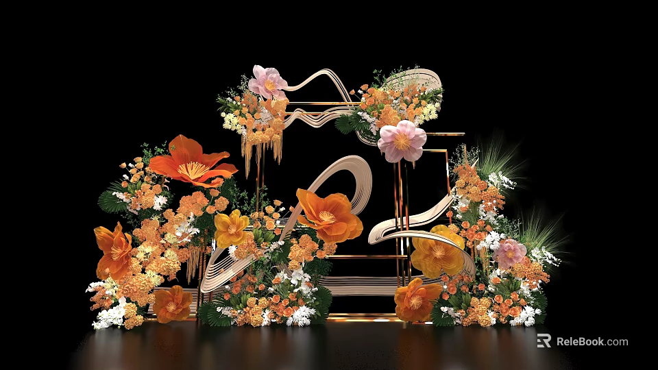 Elegant Check in Photo Spot With Orange Pink Yellow Flowers And Curved Metal Frame 3d model 
