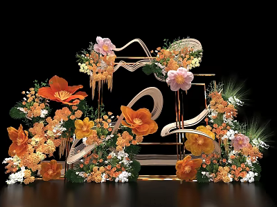 Elegant Check in Photo Spot With Orange Pink Yellow Flowers And Curved Metal Frame 3d model